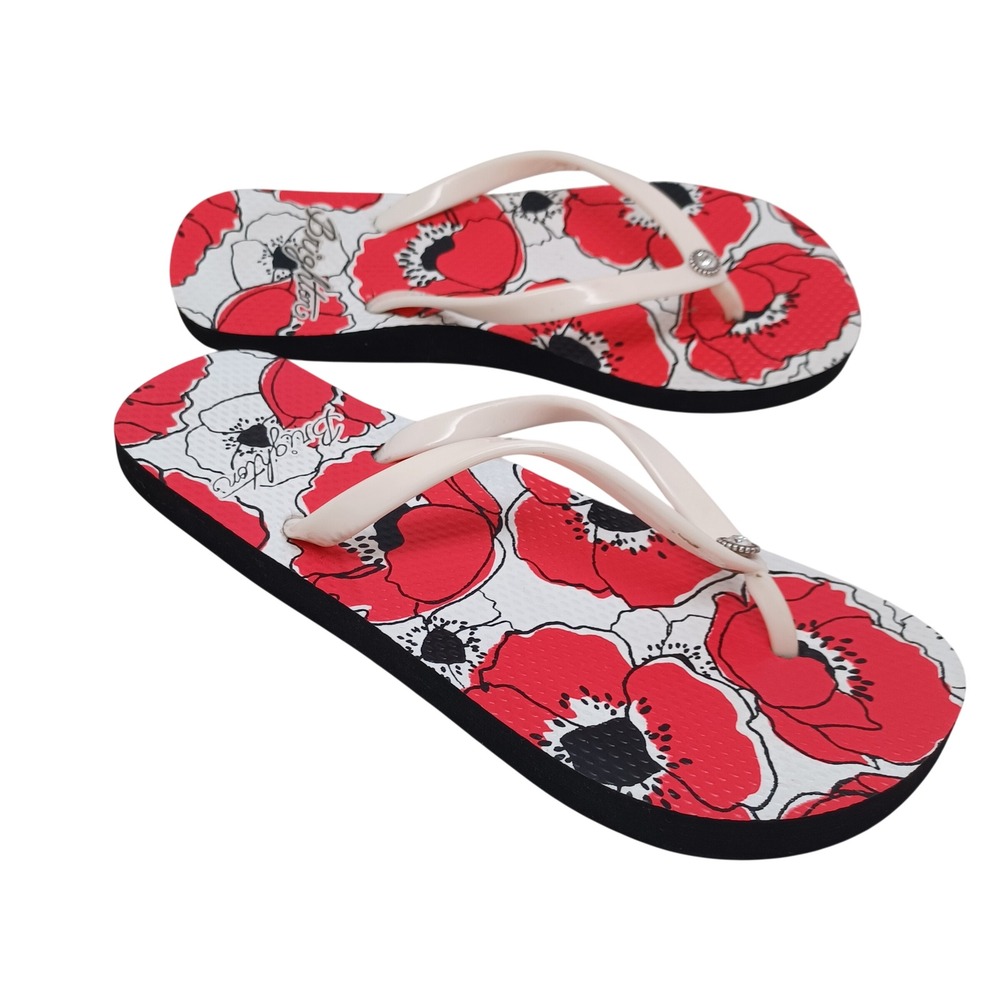 Brighton Womens Red Poppy Floral Flip Flop Sandals Rhinestone Accent White Black